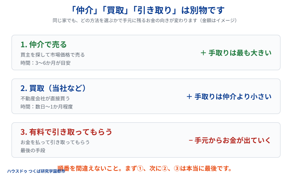仲介・買取・引き取りの手取り比較|つくば市の不動産売却|ハウスドゥ つくば研究学園都市