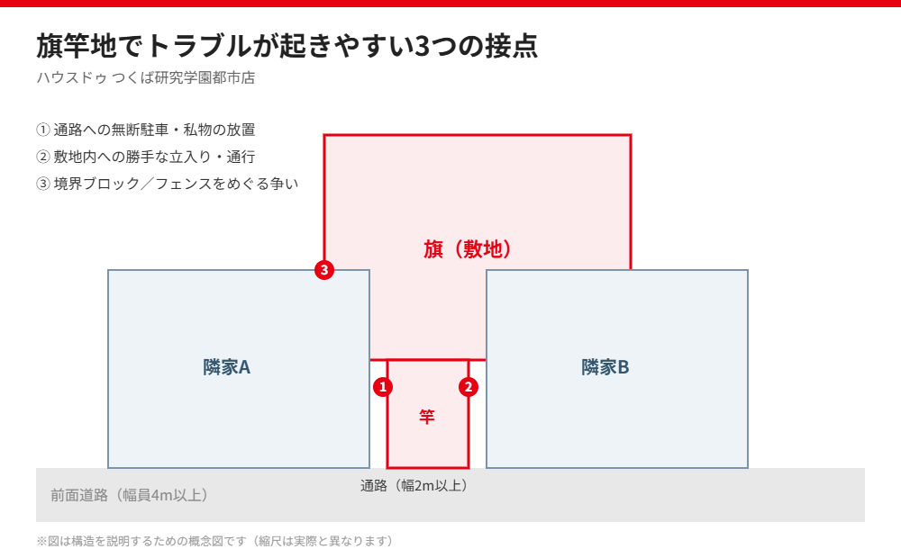 つくば市の旗竿地で嫌がらせが起きやすい3つの接点|ハウスドゥ つくば研究学園都市店