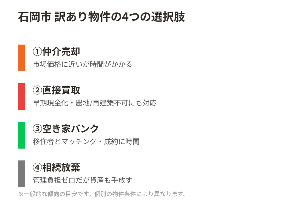 石岡市の訳あり物件4つの選択肢比較図|仲介・買取・空き家バンク・相続放棄