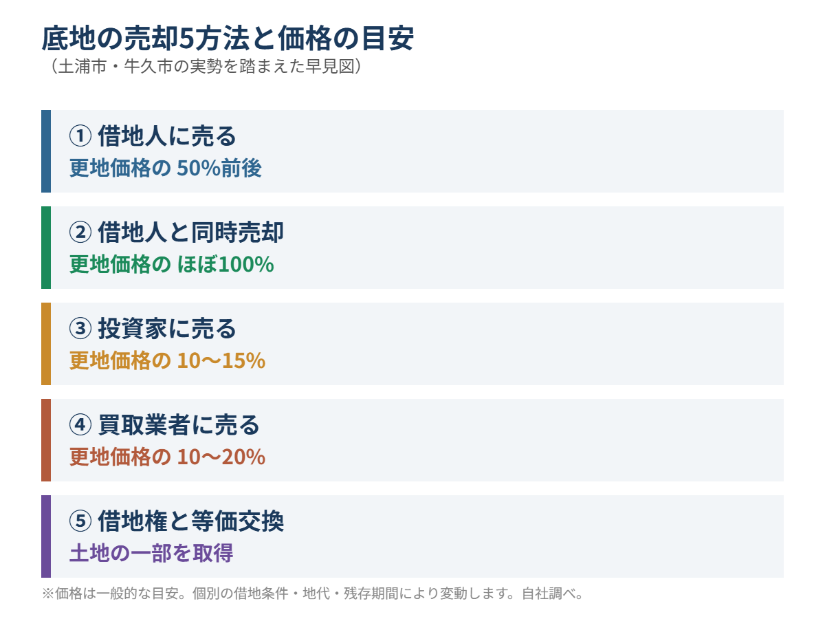 底地売却5方法の価格目安比較図 土浦市・牛久市