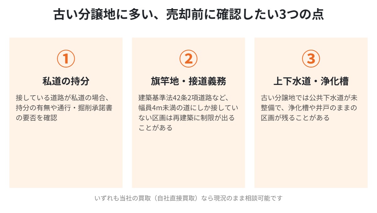 牛久市の古い分譲地で売却前に確認したい私道・旗竿地・上下水道の3つの注意点