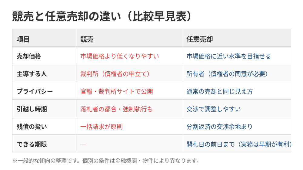 競売と任意売却の違い比較早見表｜つくば市の住宅ローン滞納相談はハウスドゥつくば研究学園都市