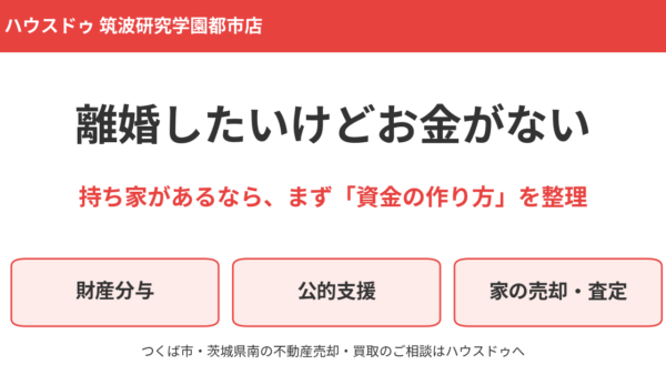 離婚したいけどお金がない｜費用・財産分与・公的支援・持ち家の売却で資金を作る方法【つくば市】