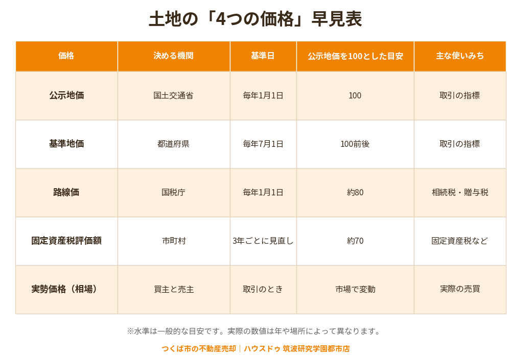 土地の値段の4つの価格（公示地価・基準地価・路線価・固定資産税評価額）早見表｜つくば市｜ハウスドゥ 筑波研究学園都市店